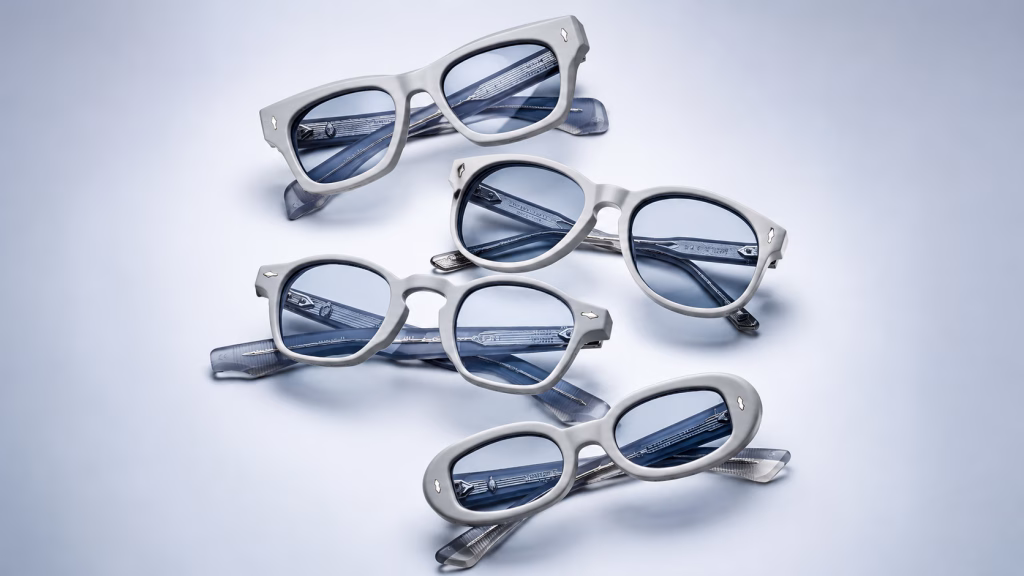 A pair of bold, sculpted Jacques Marie Mage sunglasses showing the intricate hand-polished acetate and gold hardware details